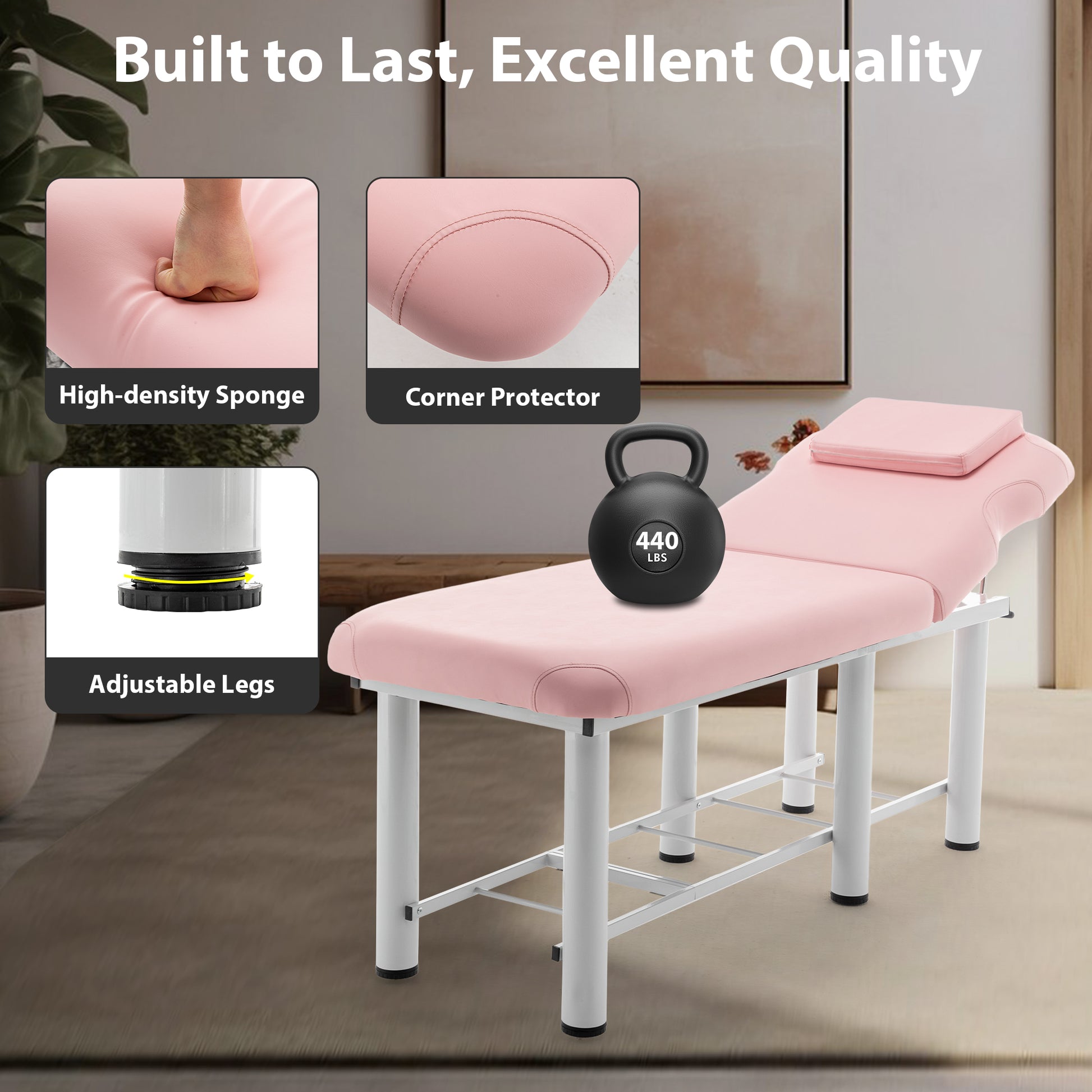 Pink massage table with highdensity sponge cushioning for comfort