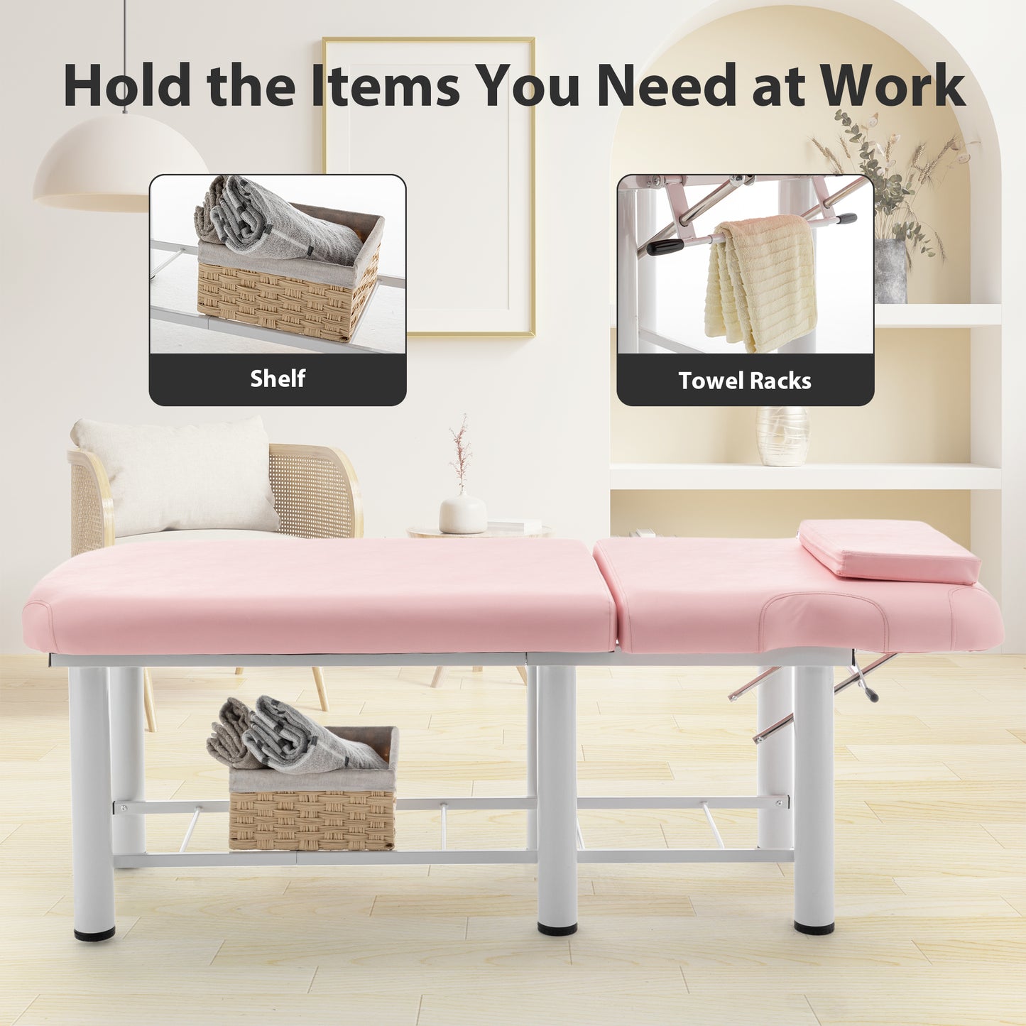 Pink massage table with adjustable headrest and storage shelf