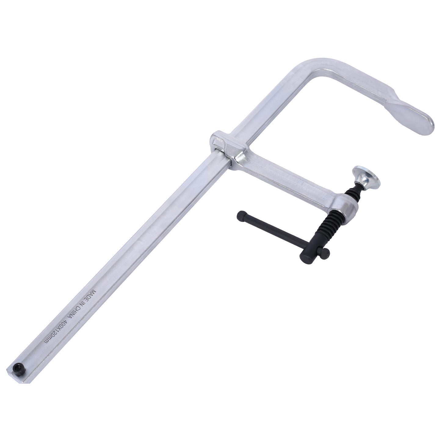 Silver metal F clamp with black handle xmm for woodworking projects