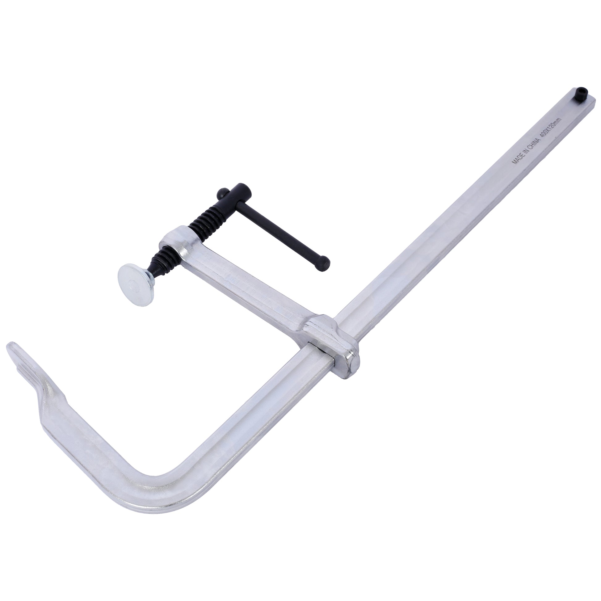 Heavyduty aluminum bar clamp for woodworking featuring a sliding jaw and Thandle for secure grip