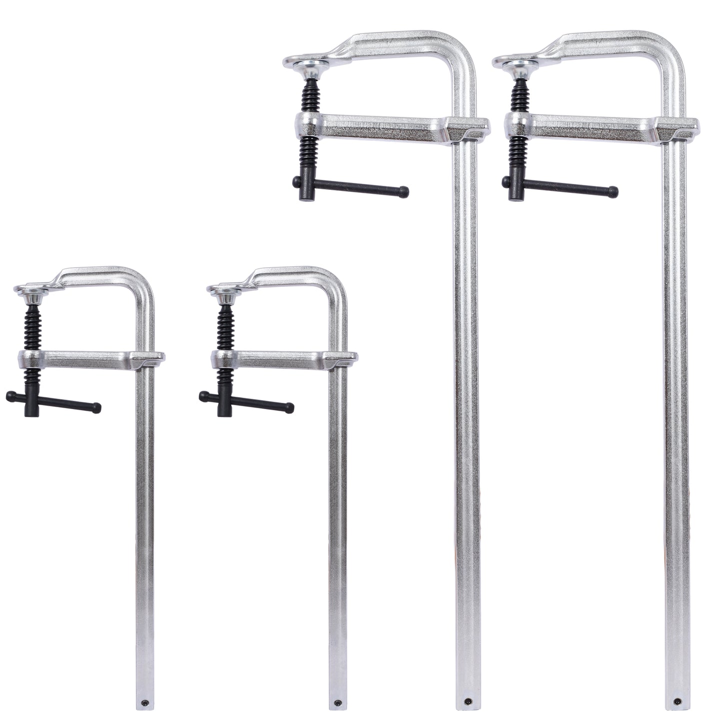 Set of four silver metal C clamps with black screw handles for woodworking and construction projects