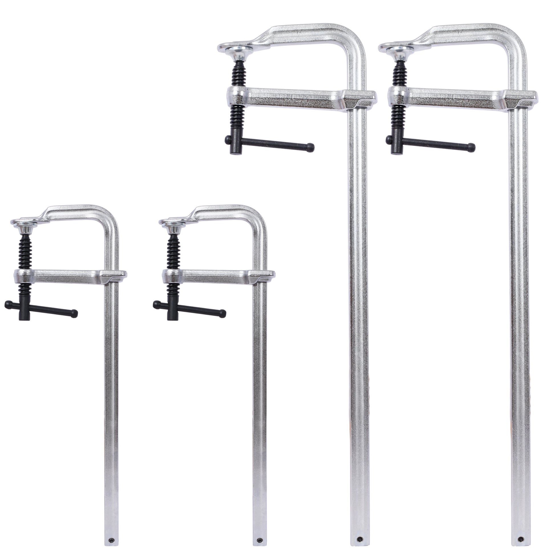 Set of four silver metal C clamps with black screw handles for woodworking and construction projects