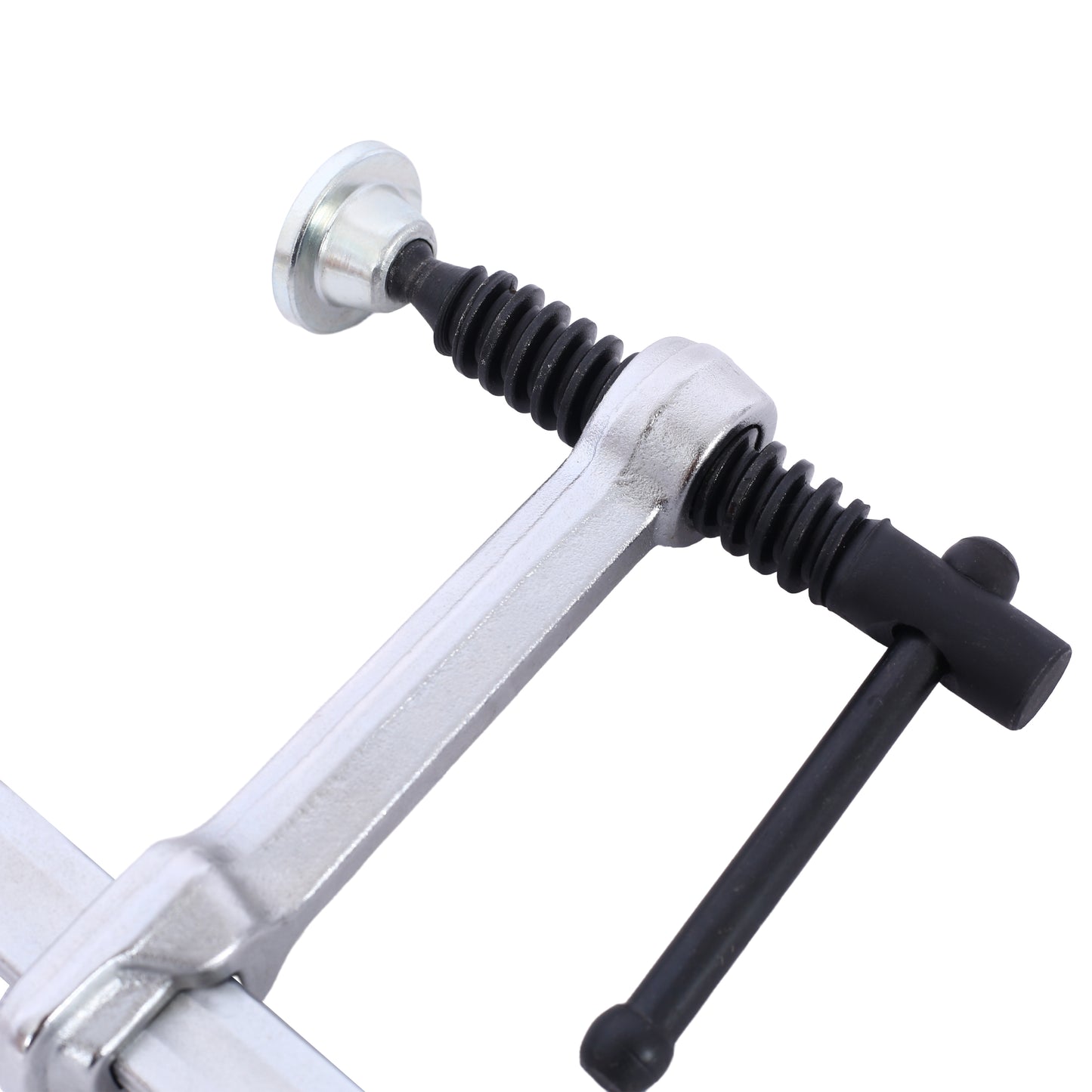 Silver metal C clamp with black threaded spindle and Thandle for woodworking