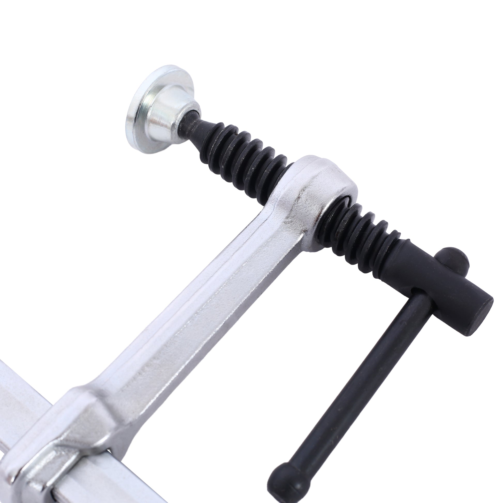 Silver metal C clamp with black threaded spindle and Thandle for woodworking