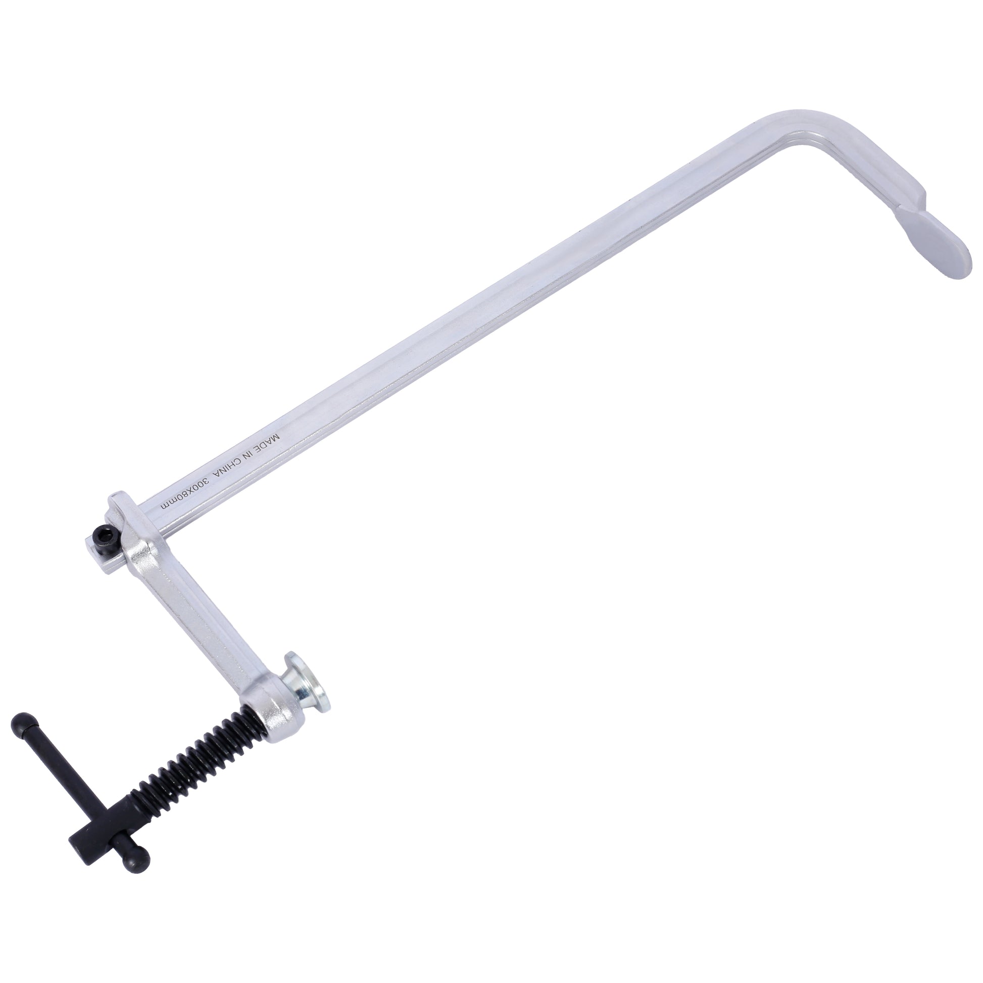 Silver metal bar clamp with black Thandle for woodworking projects