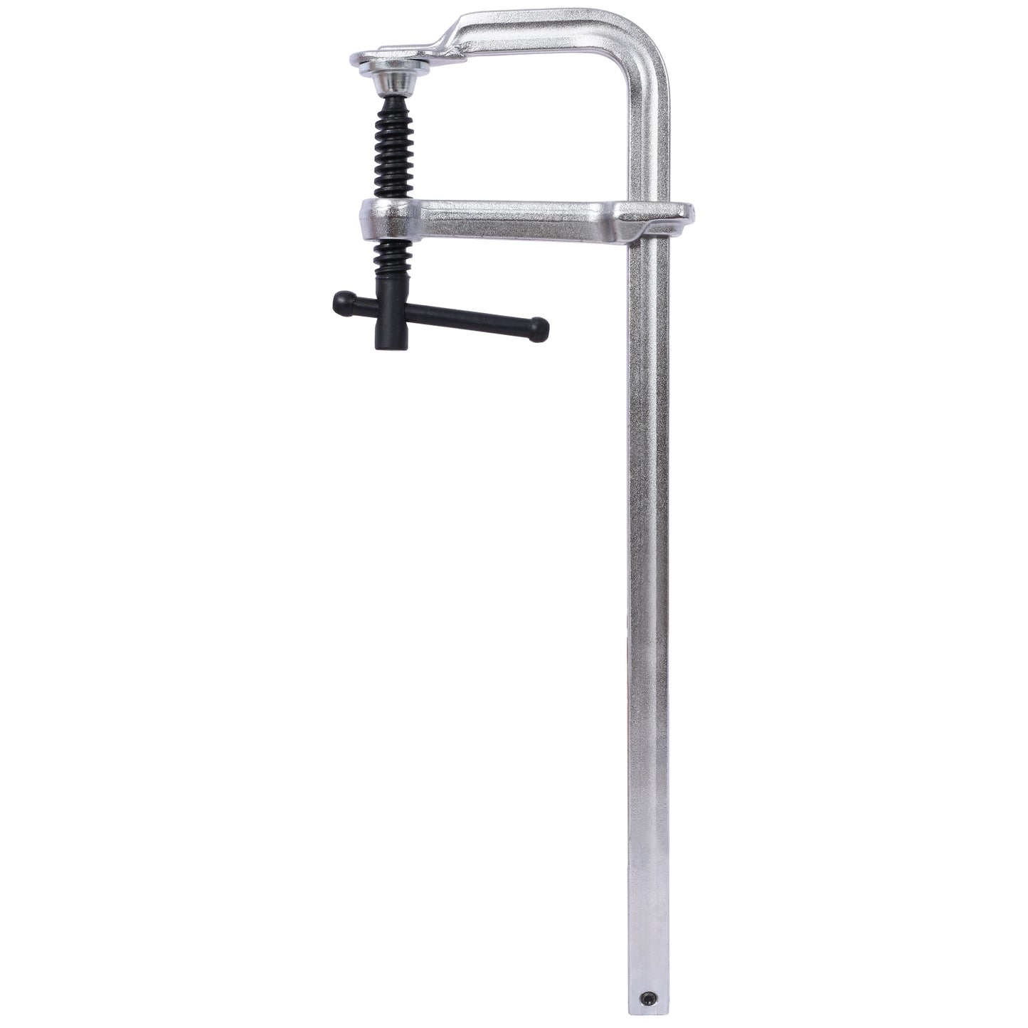 Silver metal F clamp with black handle for woodworking