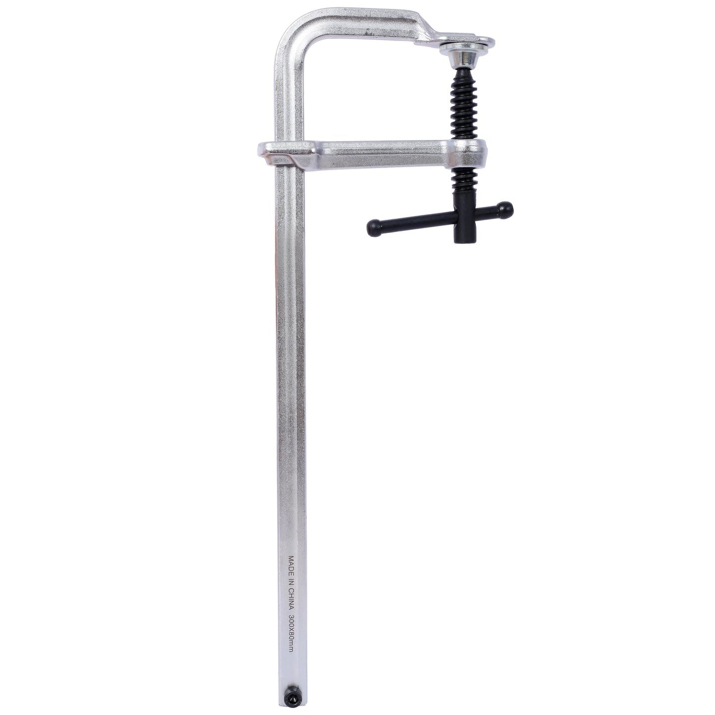 Silver metal C clamp with black handle for woodworking