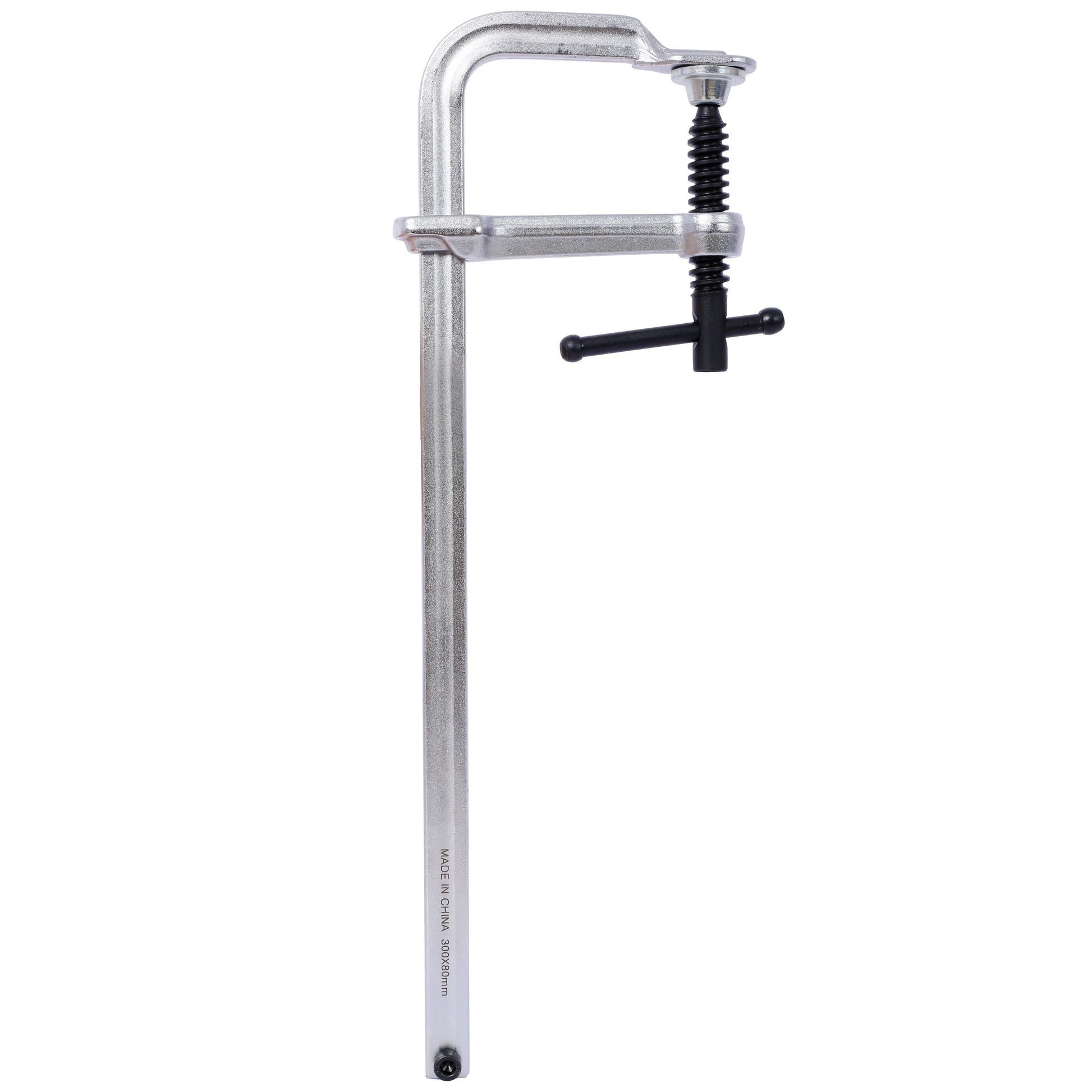 Silver metal C clamp with black handle for woodworking