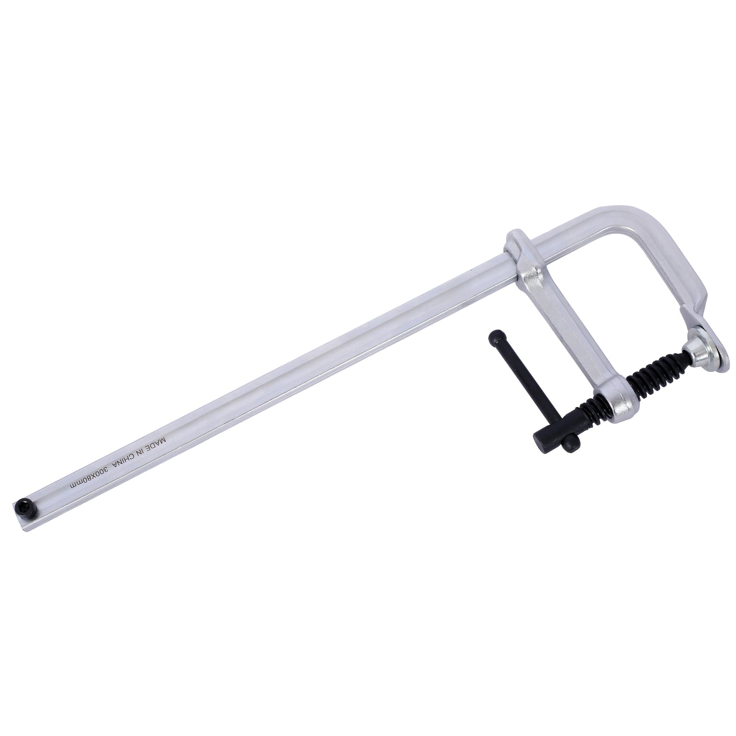 Silver Fclamp with black handle and threaded rod for woodworking