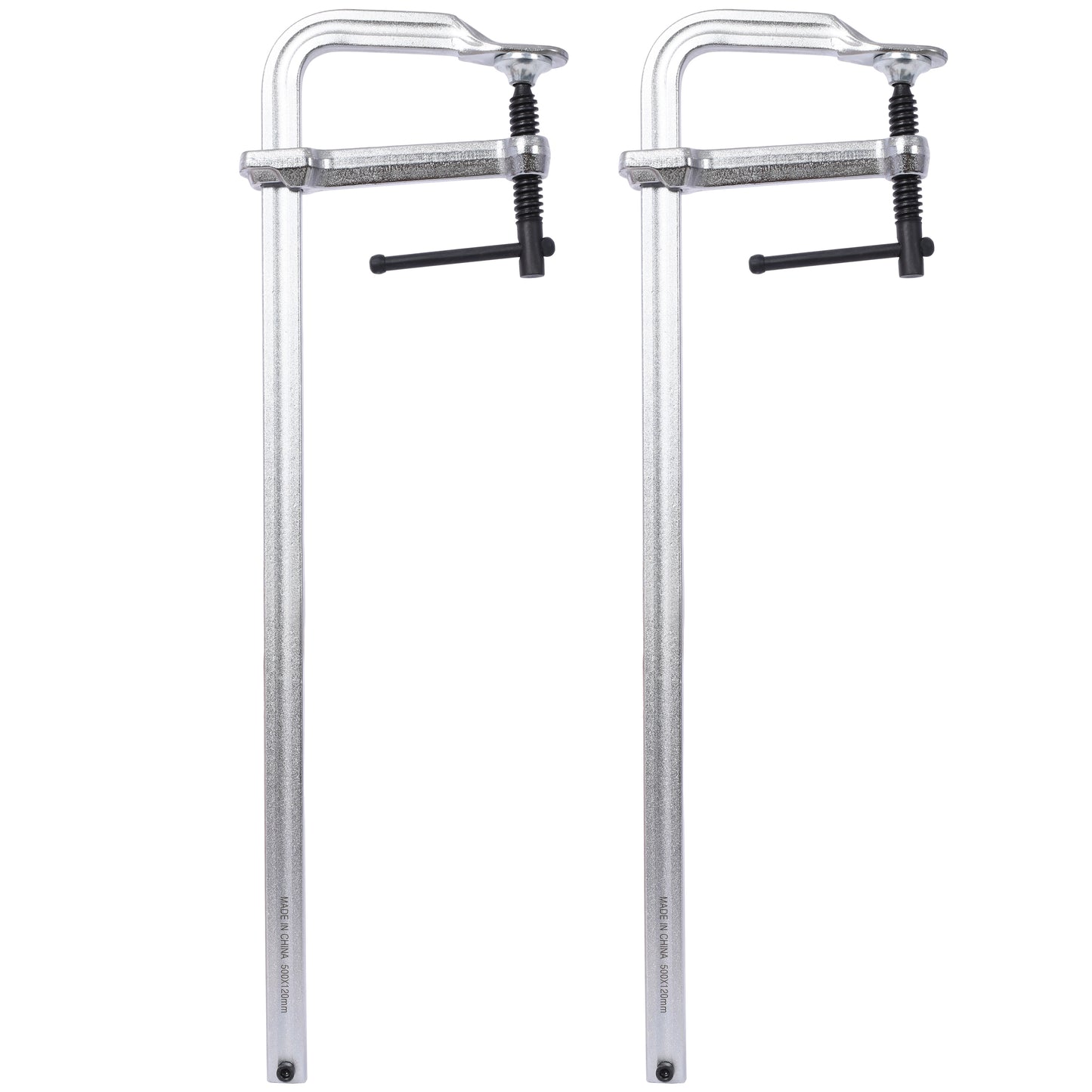 Two silver metal F clamps with black screw mechanisms for woodworking projects