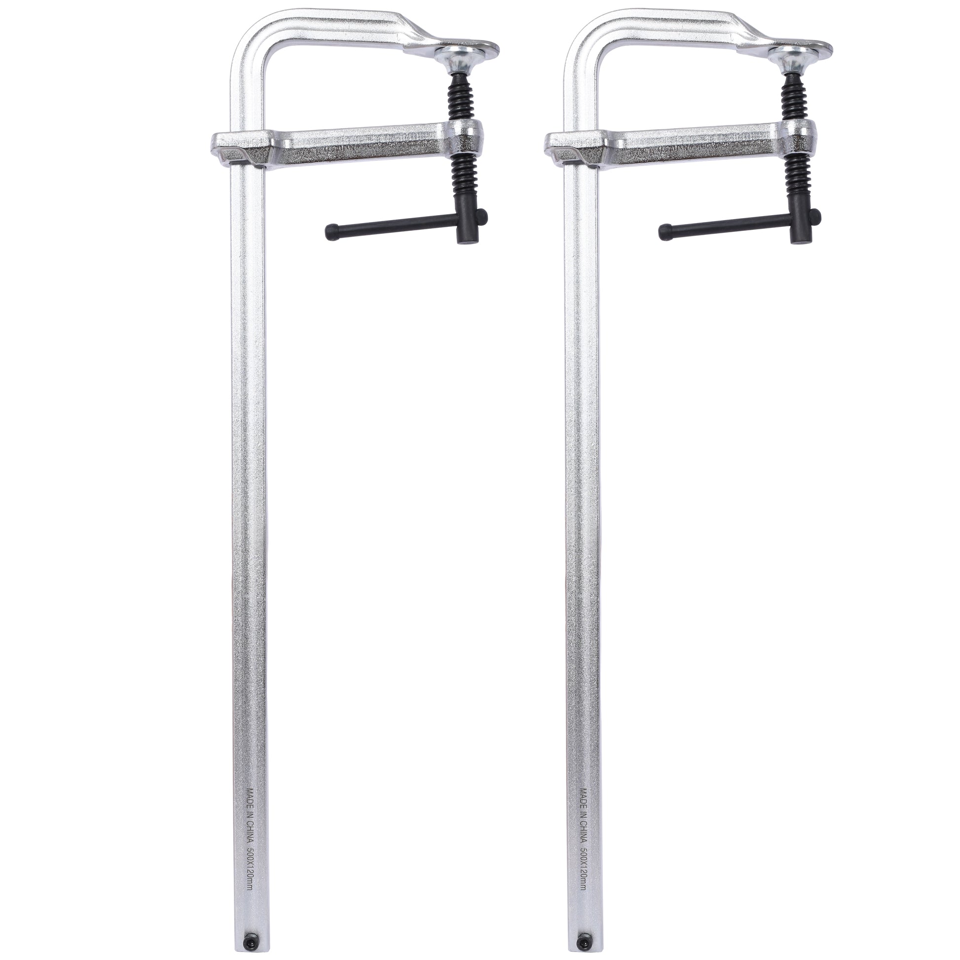 Two silver metal F clamps with black screw mechanisms for woodworking projects