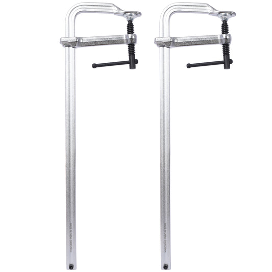 Two silver metal F clamps with black screw mechanisms for woodworking projects