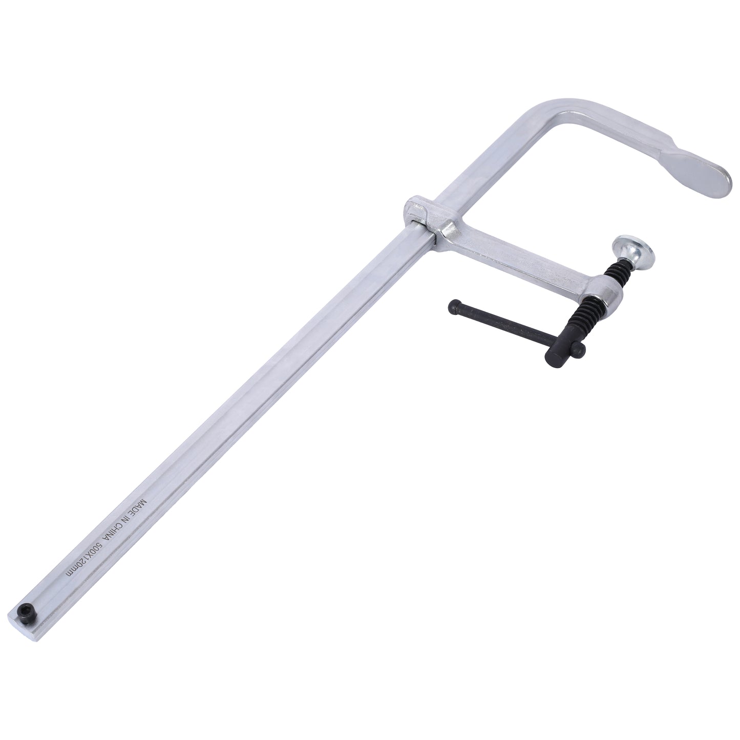 Silver metal fclamp with black handle and adjustable screw for woodworking
