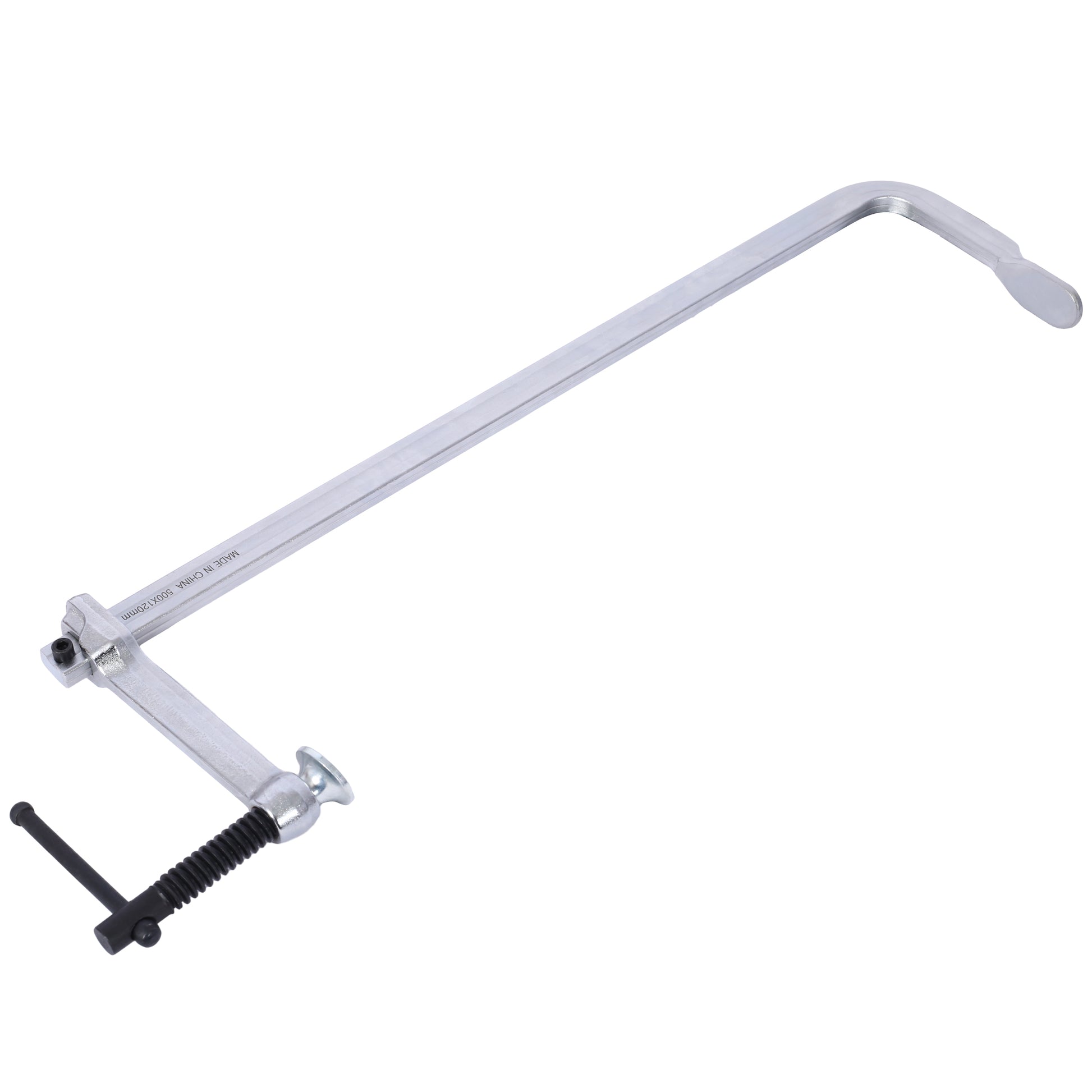 Silver metal Cclamp with black handle and adjustable screw for woodworking projects