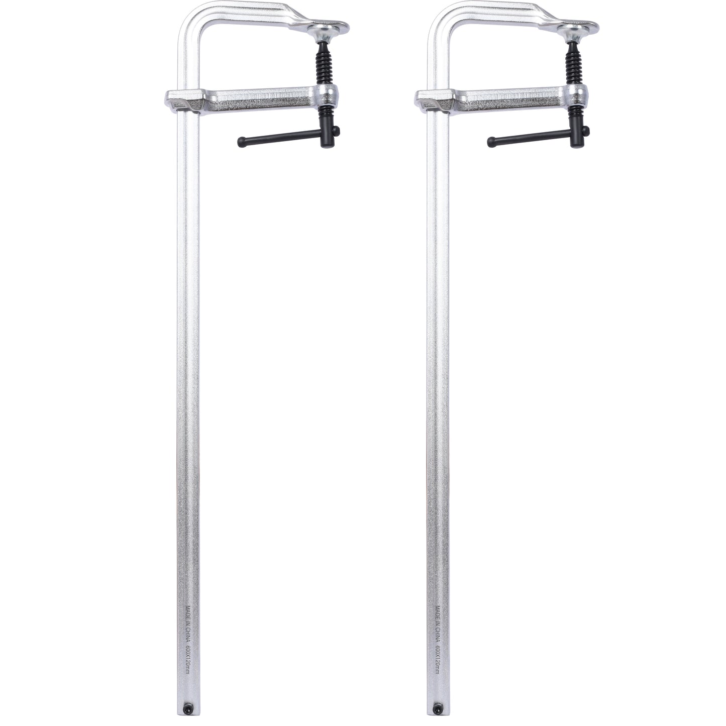 Two silver Fclamps with black Thandles and ribbed tightening mechanisms