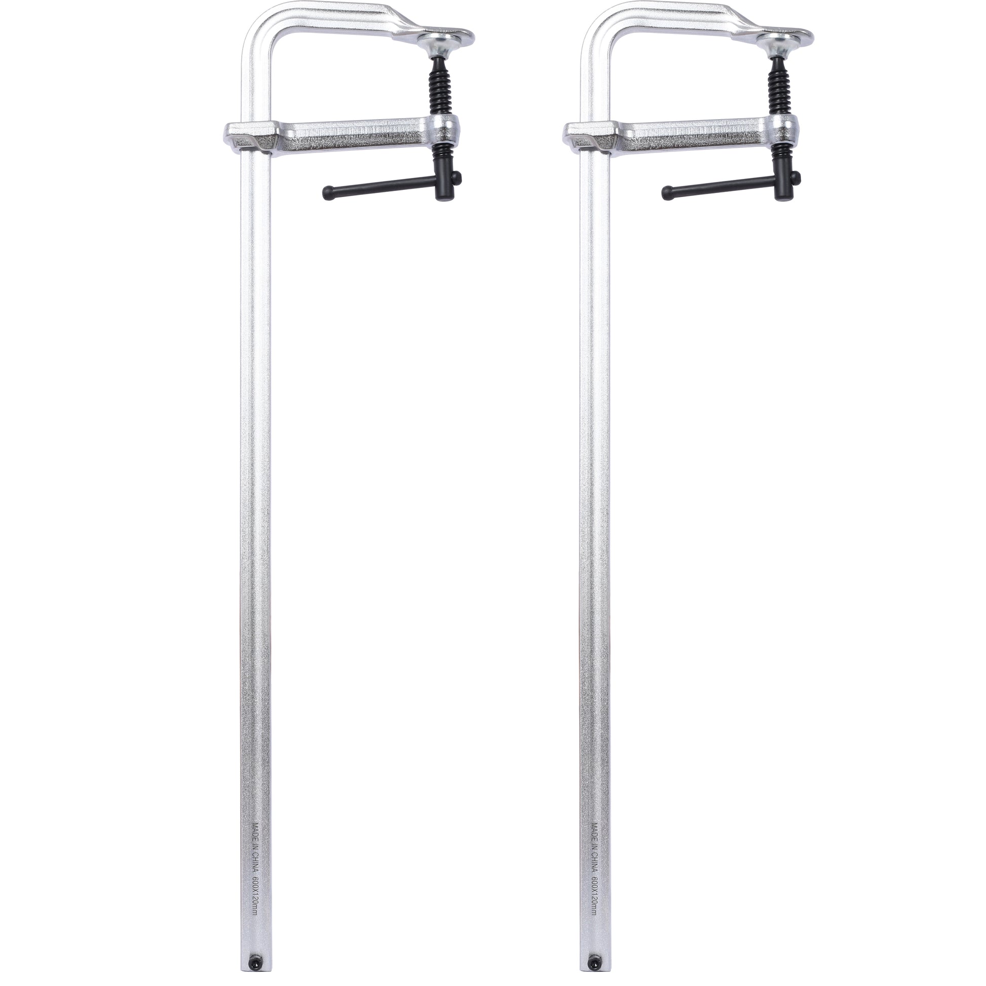 Two silver Fclamps with black Thandles and ribbed tightening mechanisms