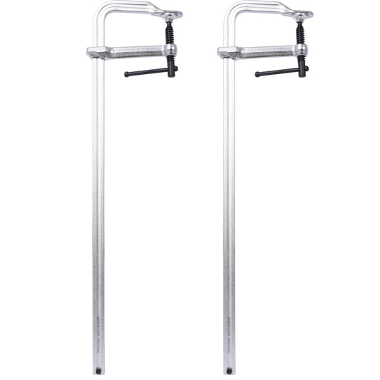 Two silver Fclamps with black Thandles and ribbed tightening mechanisms