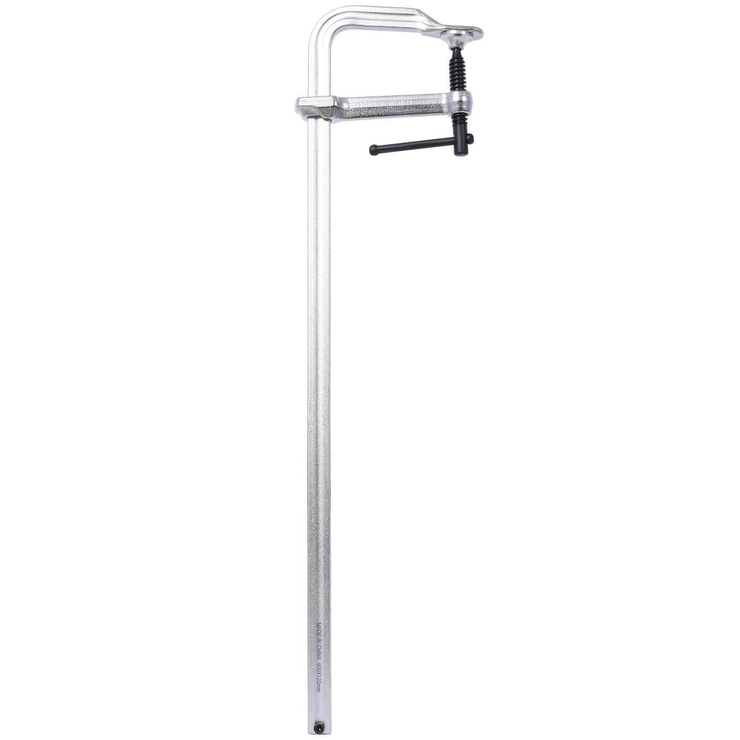 Silver metal F clamp with black handle and threaded spindle for woodworking projects