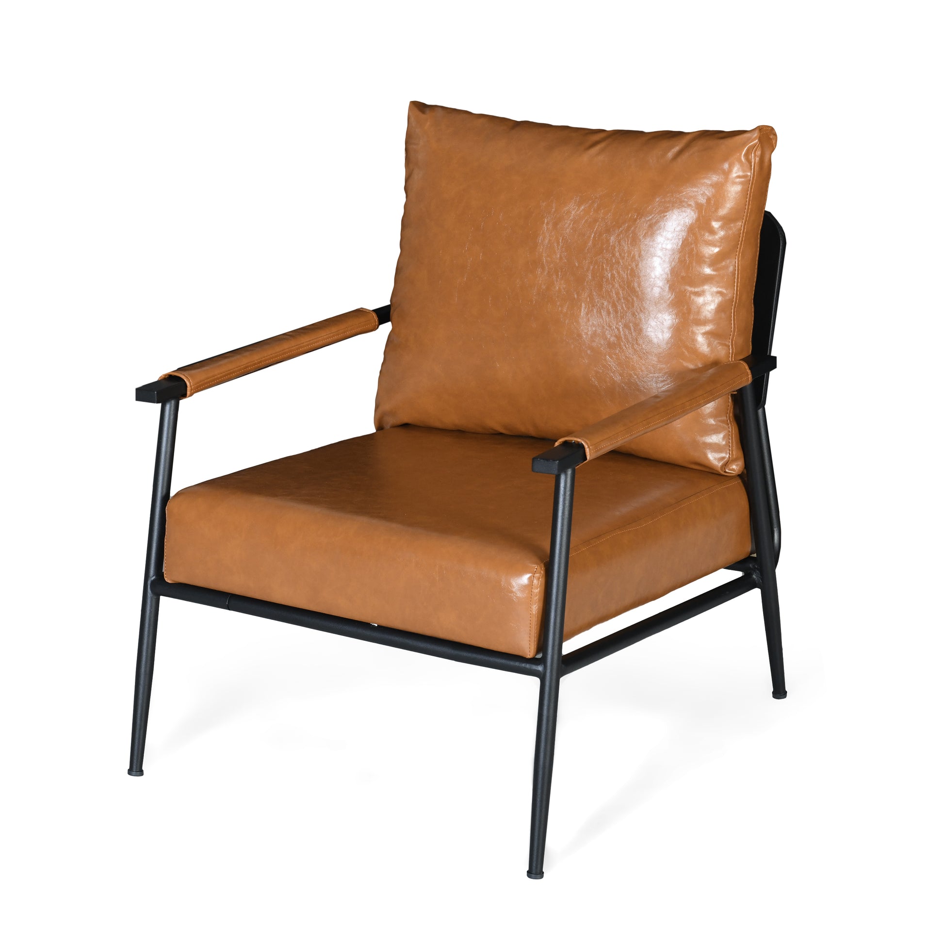 Tan leather accent chair with a black metal frame and contemporary design