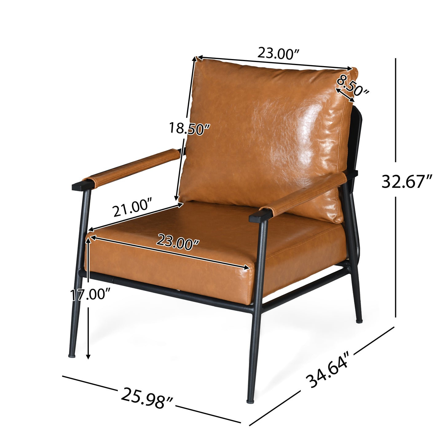Tan faux leather accent chair with black metal frame and padded arms perfect for modern living rooms