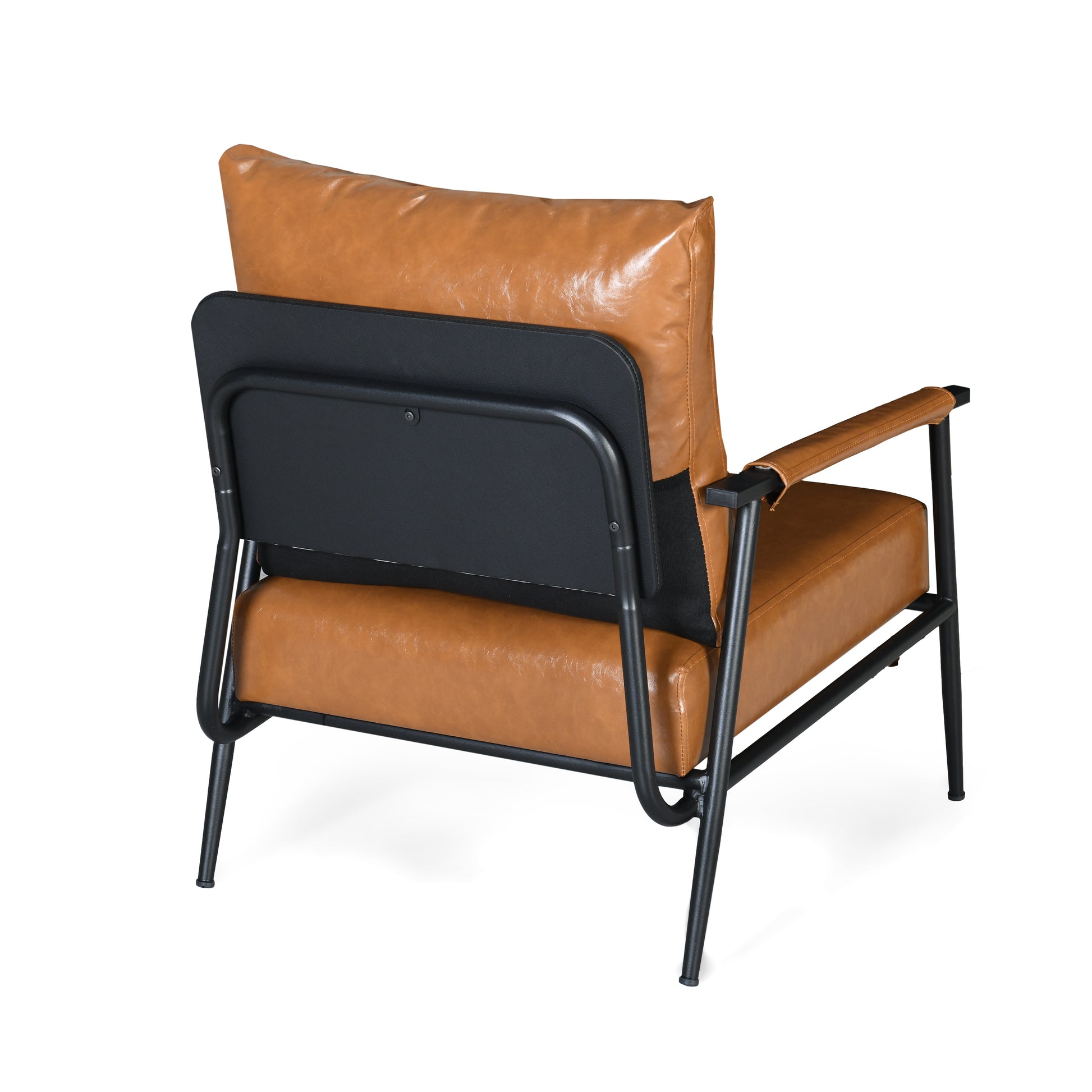 Brown faux leather armchair with black metal frame and armrest covers