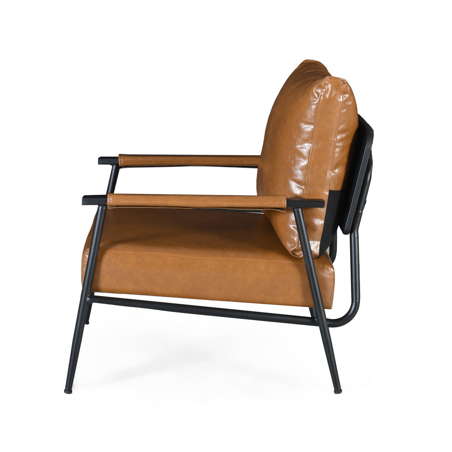 Tan leather armchair with black metal frame accent chair for modern living spaces