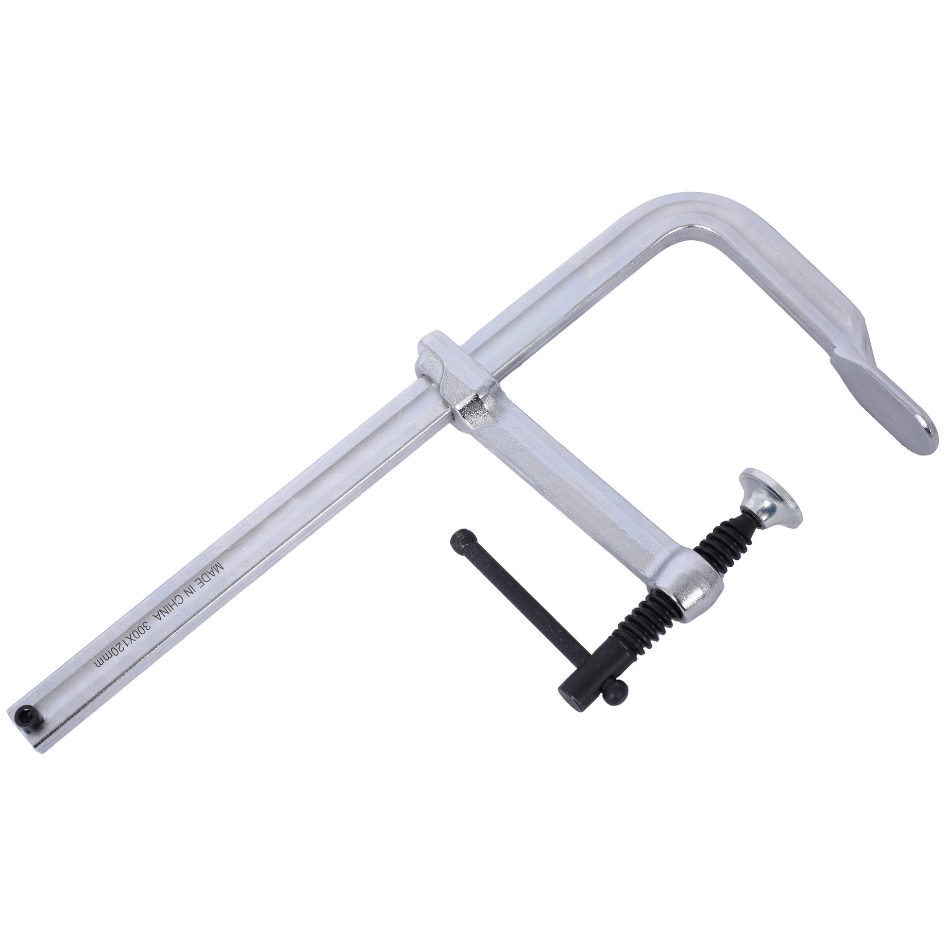 Silver metal F clamp with black handle and threaded spindle for woodworking