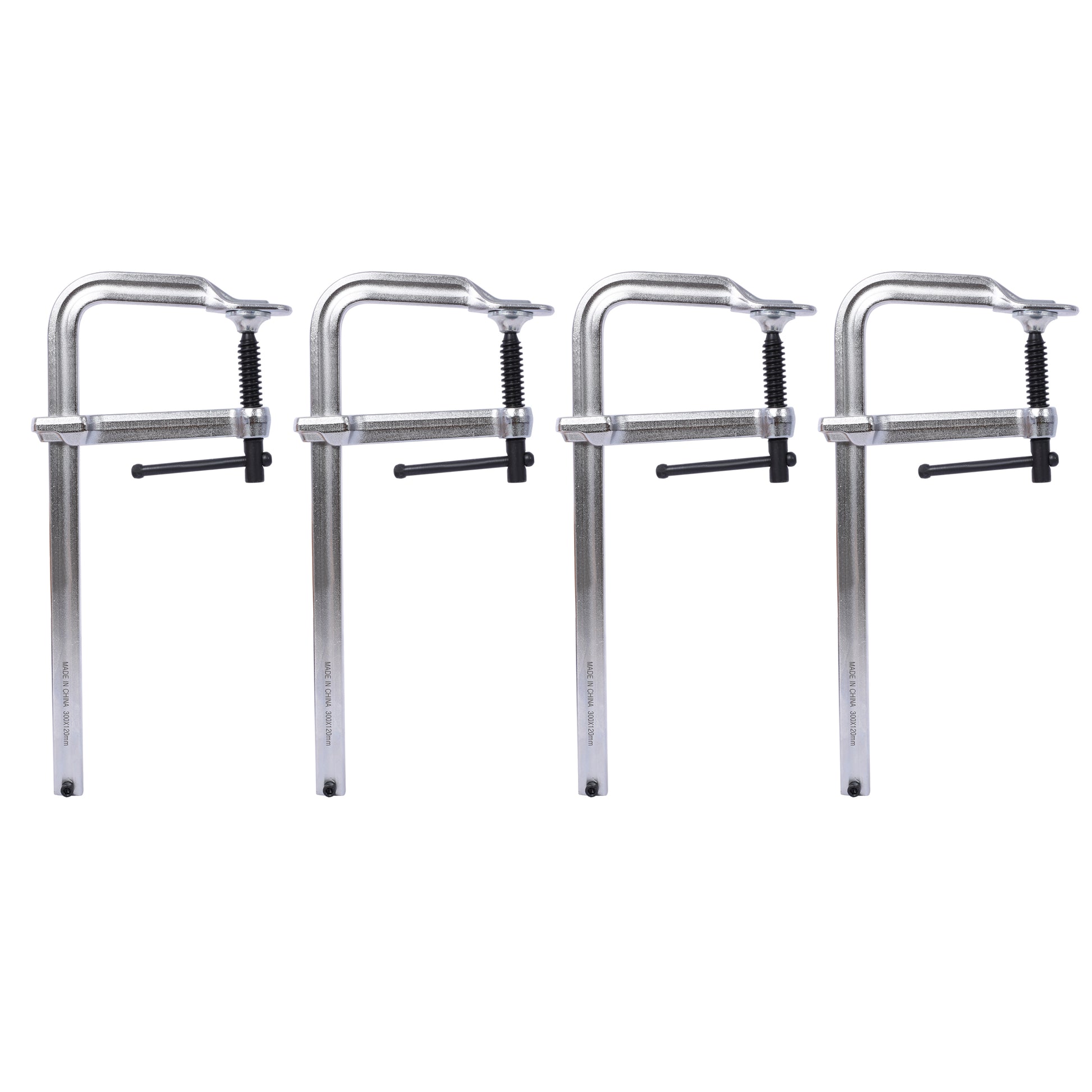 Four silver Fclamps with black handles and threaded shafts ideal for woodworking projects