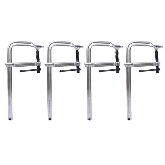Four silver Fclamps with black handles and threaded shafts ideal for woodworking projects