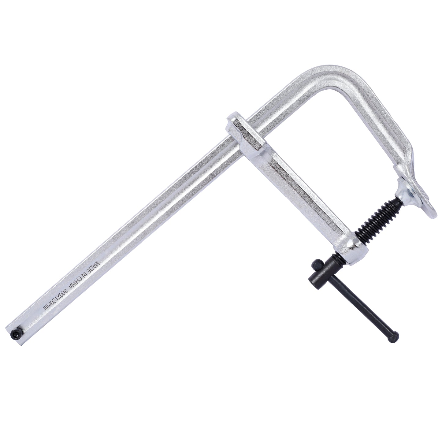 Silver metal F clamp with black screw handle and threaded rod for woodworking