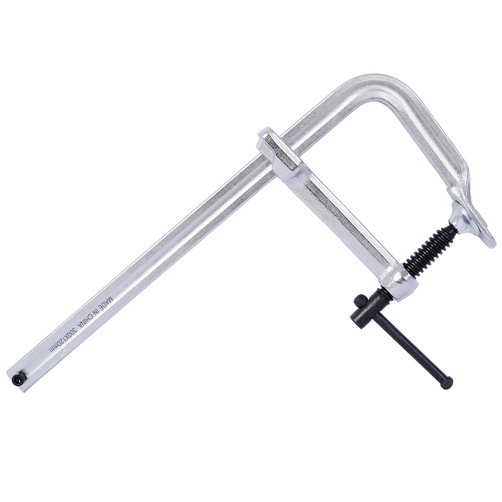 Silver metal F clamp with black screw handle and threaded rod for woodworking