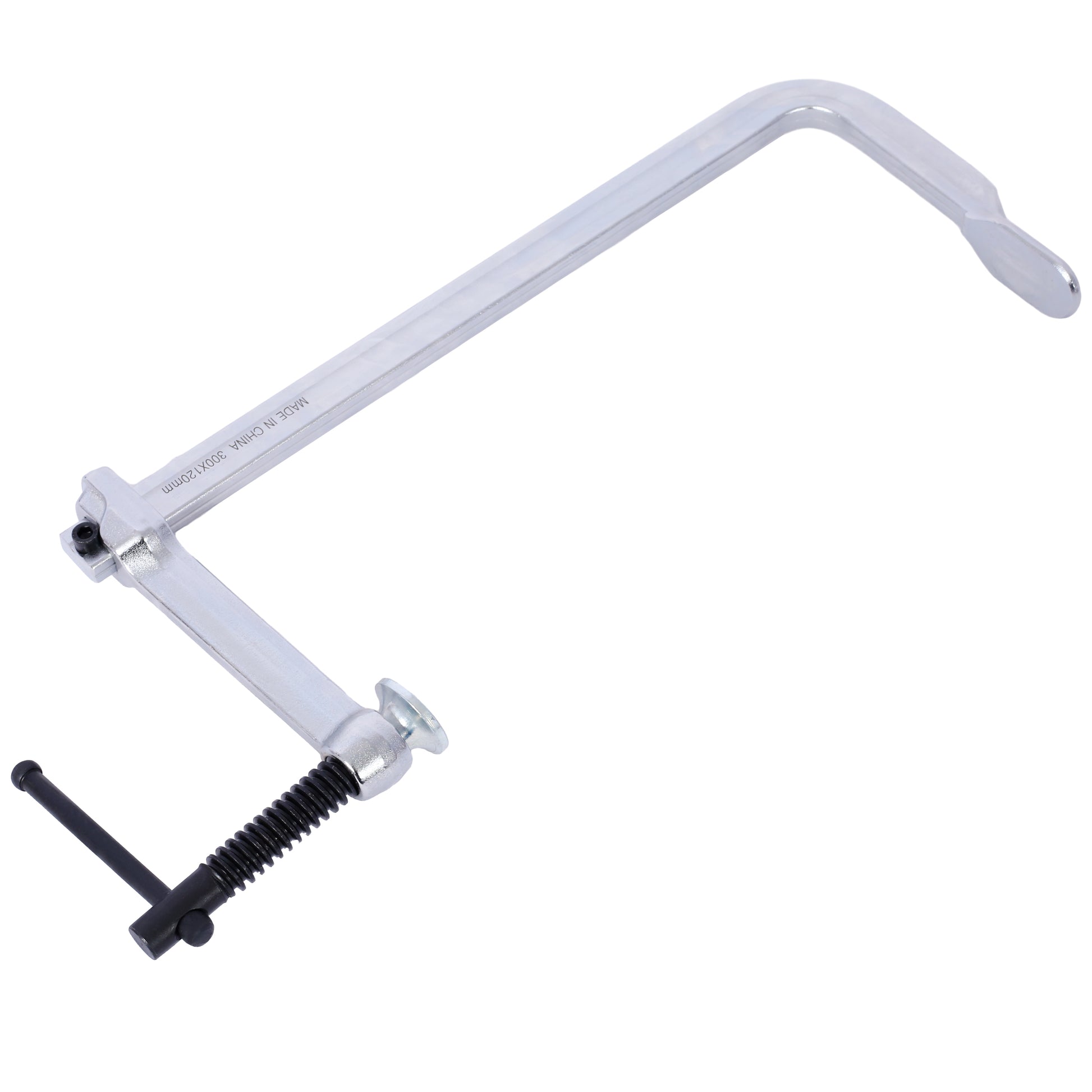 Silver metal Fclamp with black handle and threaded screw for woodworking