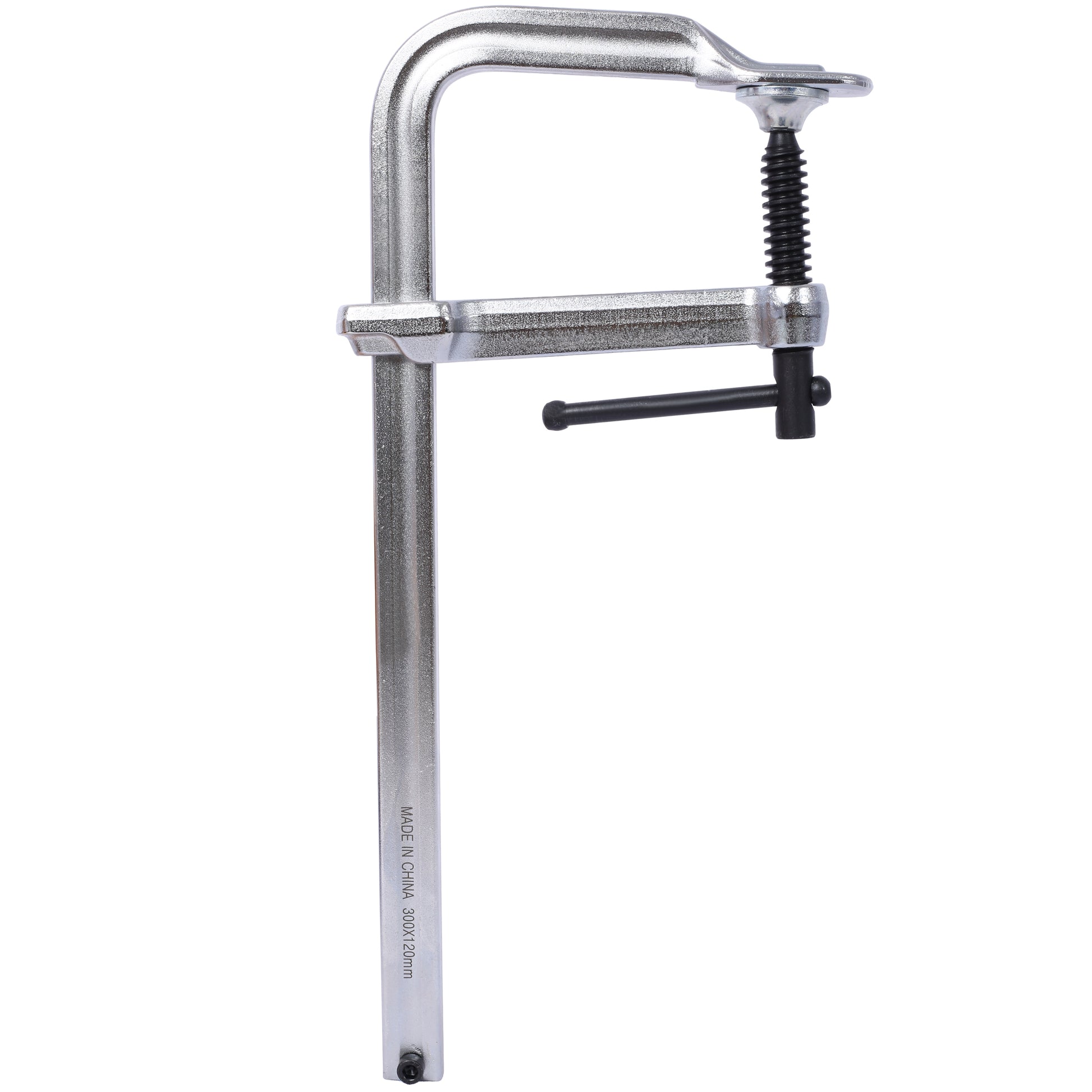 Heavy duty silver metal F clamp with black handle for woodworking projects