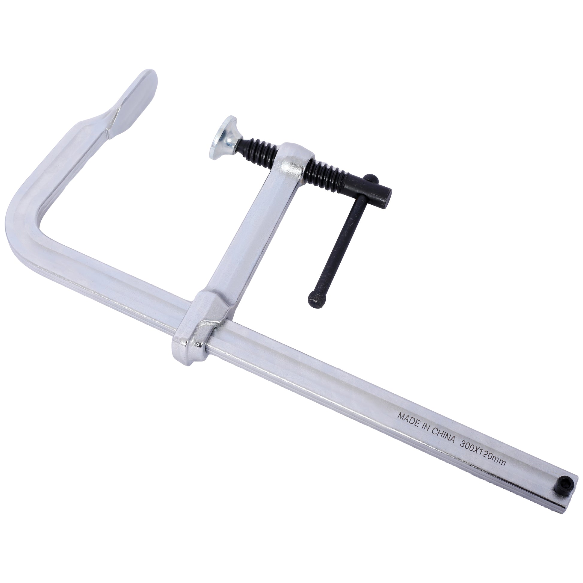 Heavyduty C clamp with silver metal construction and black Tbar handle for woodworking