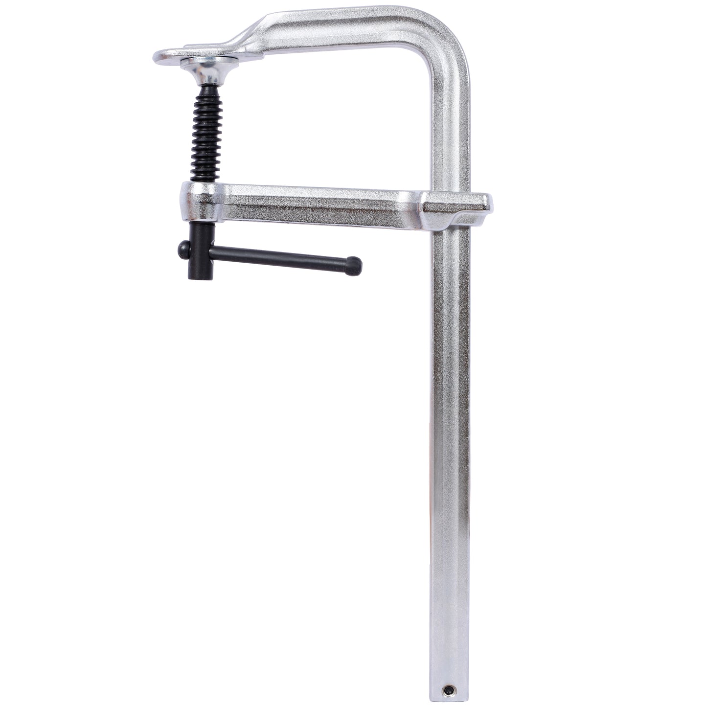 Heavyduty C clamp with silver metal construction and black screw handle