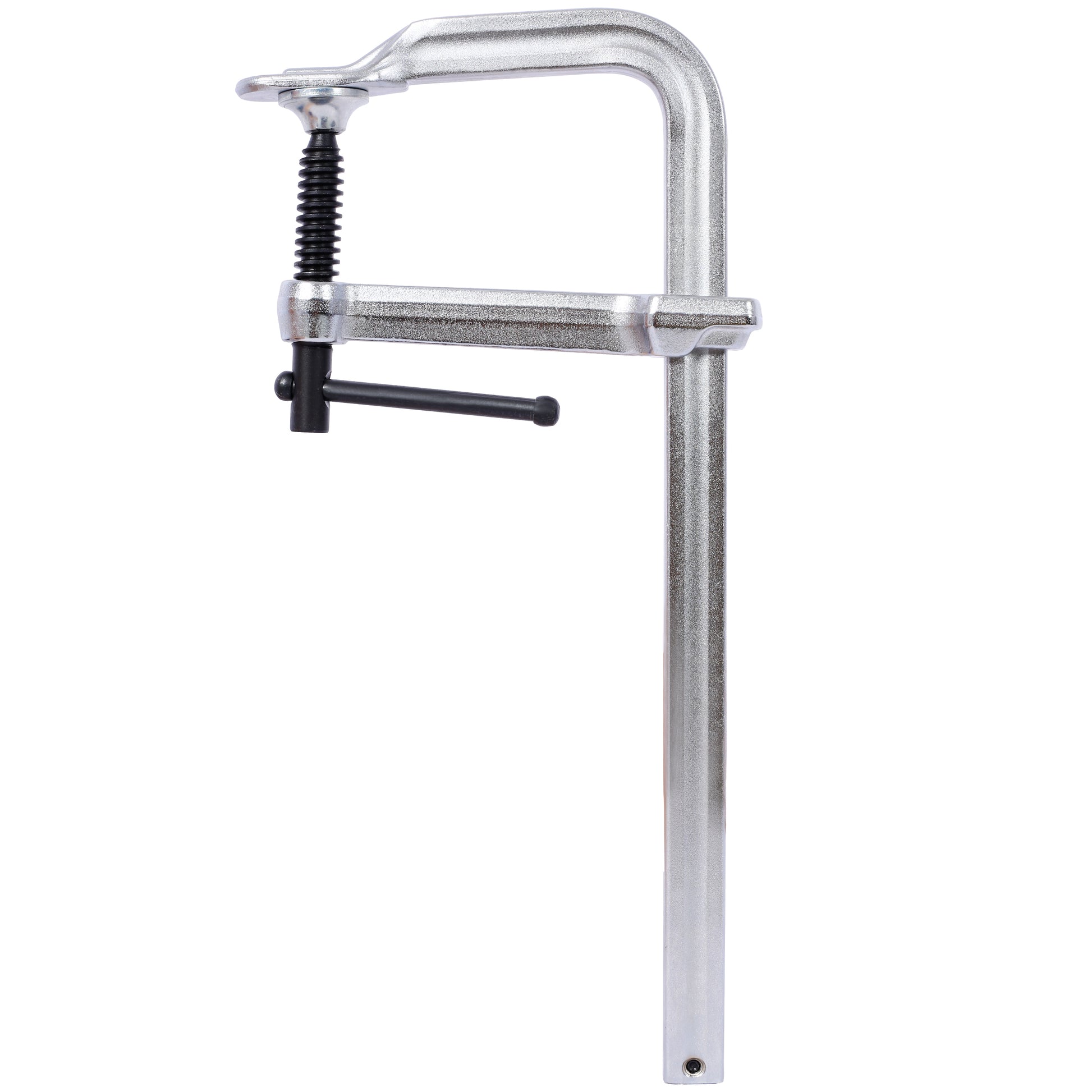 Heavyduty C clamp with silver metal construction and black screw handle