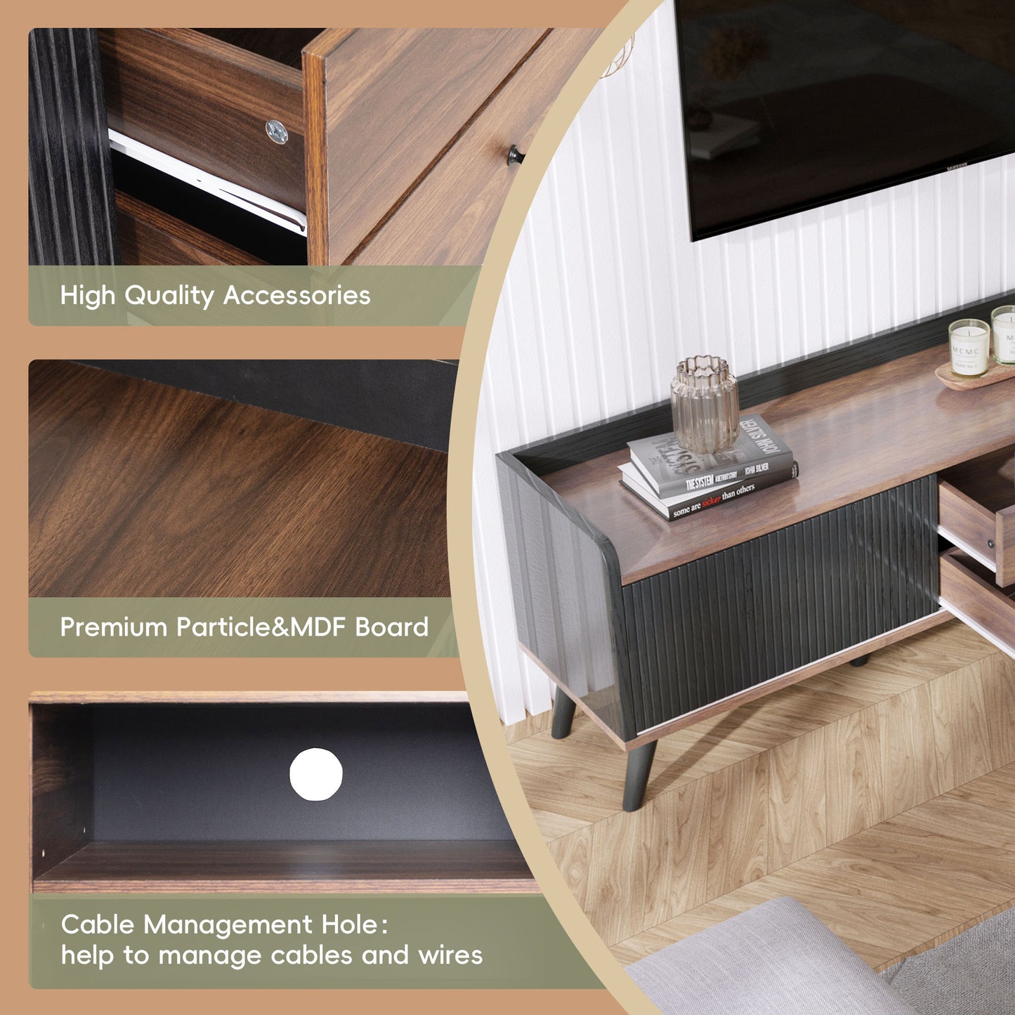 Modern media console with dark wood finish and fluted black doors ideal for living rooms