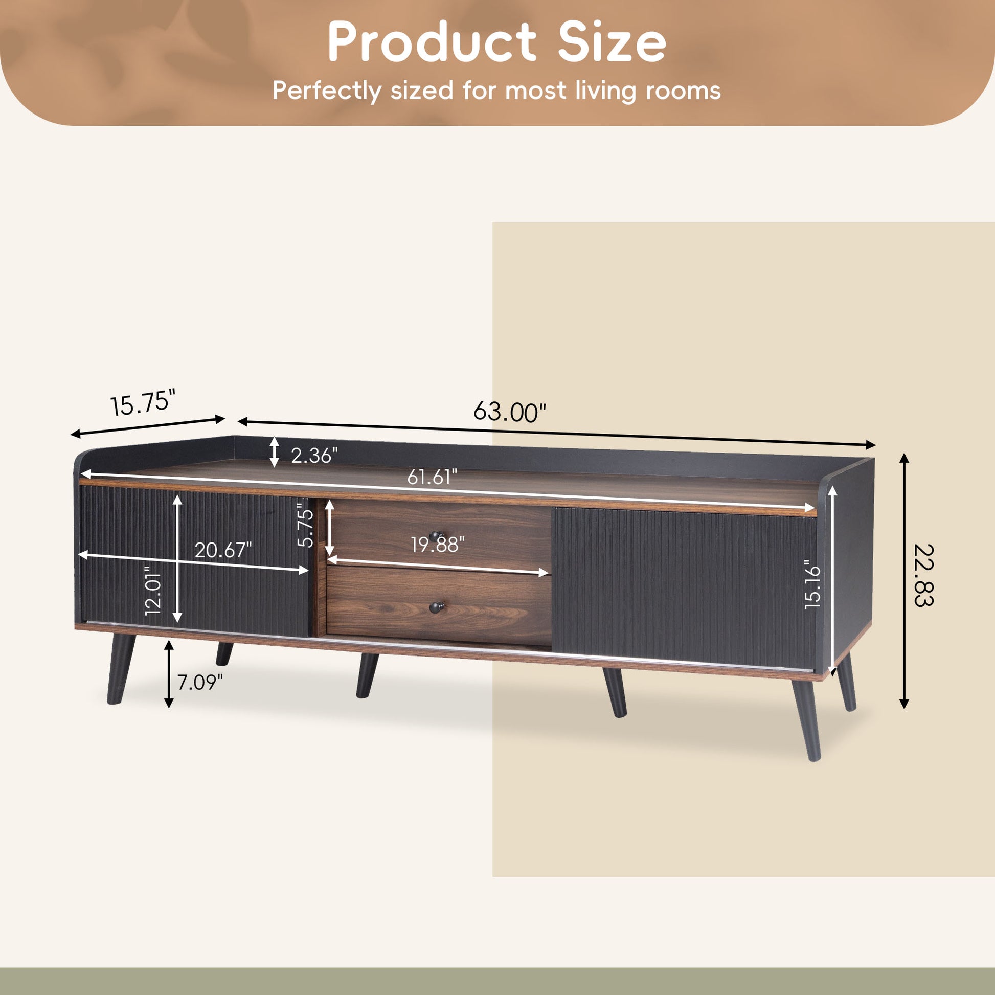 Midcentury modern TV stand in dark wood with ribbed cabinet doors and brushed nickel hardware