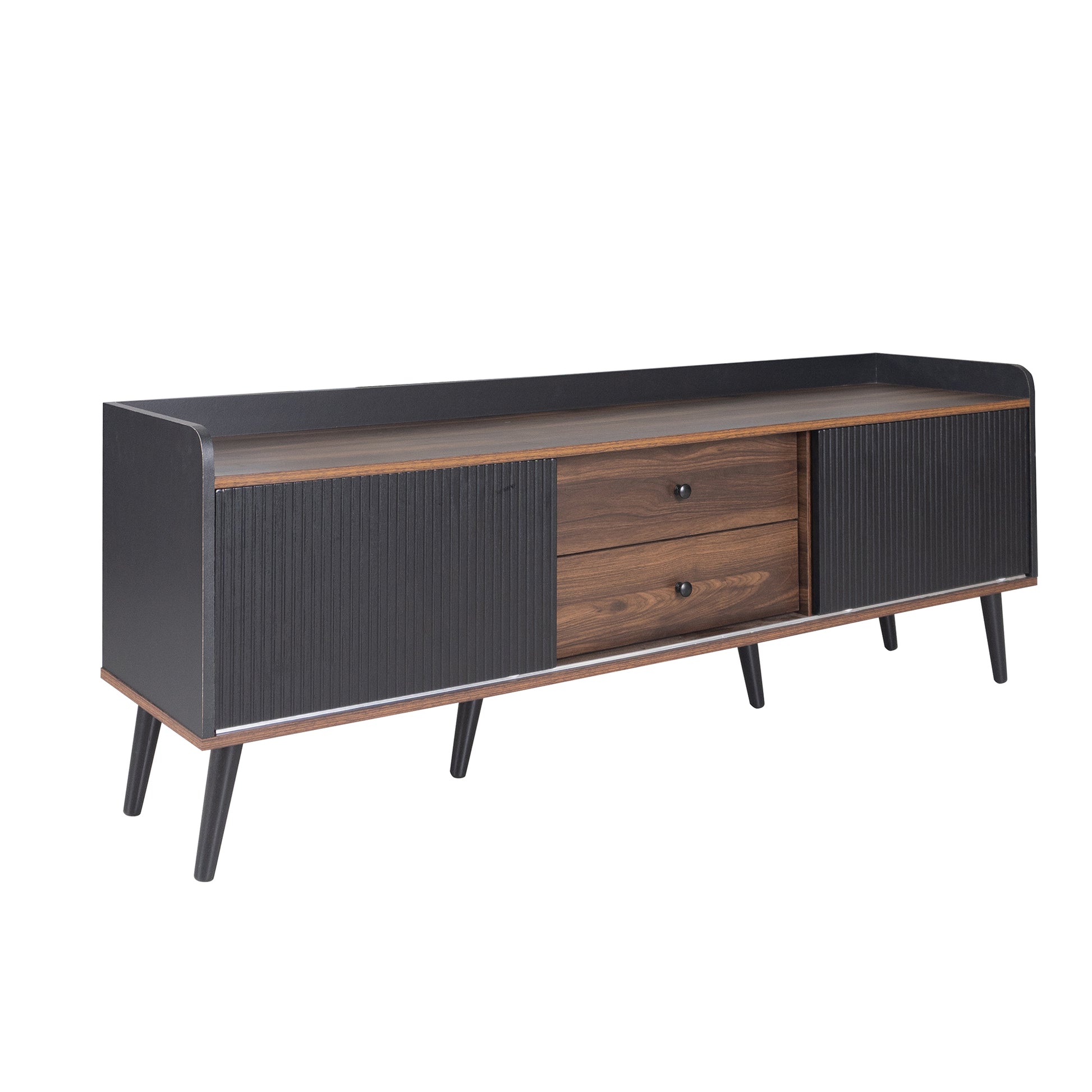 Dark grey and wood media console with ribbed doors and two drawers