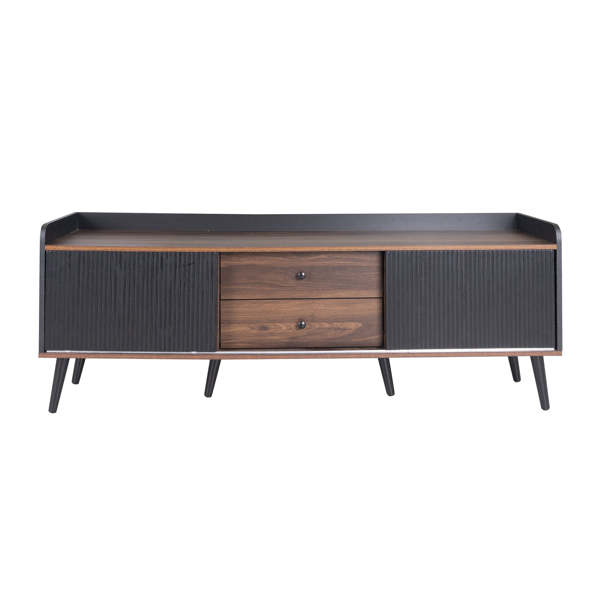 Dark wood modern media console with ribbed black doors and two drawers