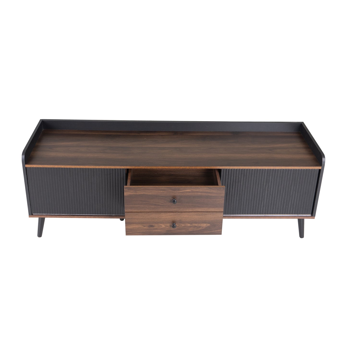 Walnut wood media console with fluted black cabinet doors and two drawers