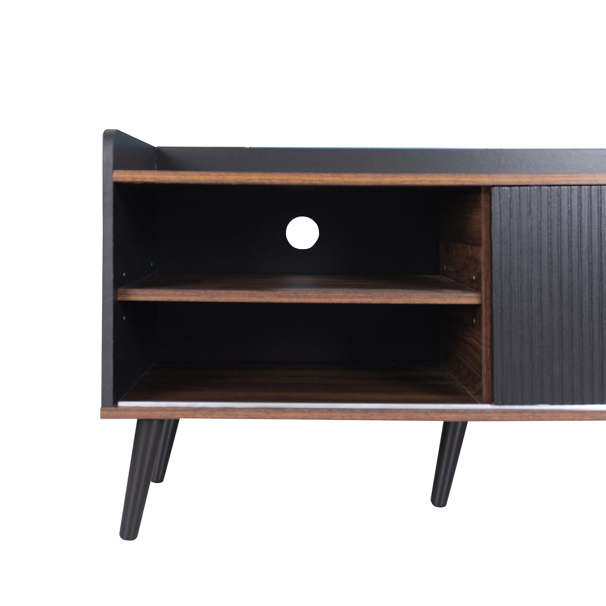 Dark wood media console with open shelving and ribbed sliding door modern design