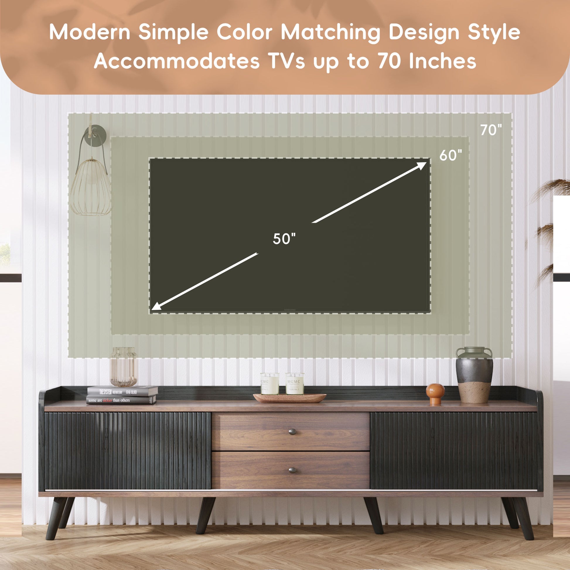 Modern TV stand in wood finish with fluted black cabinet doors accommodates up to  inch TVs