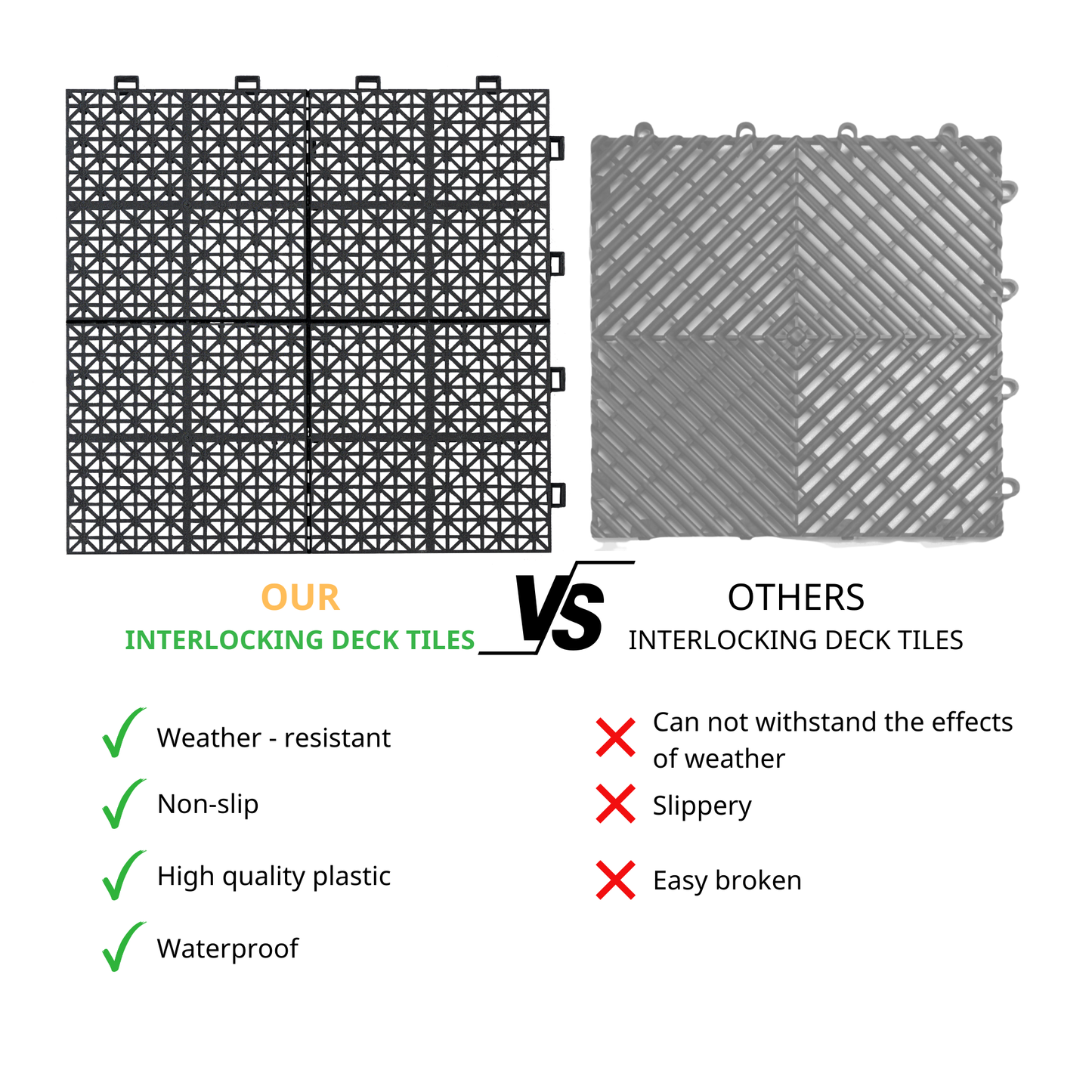 Black interlocking deck tiles with intricate pattern for a durable outdoor surface