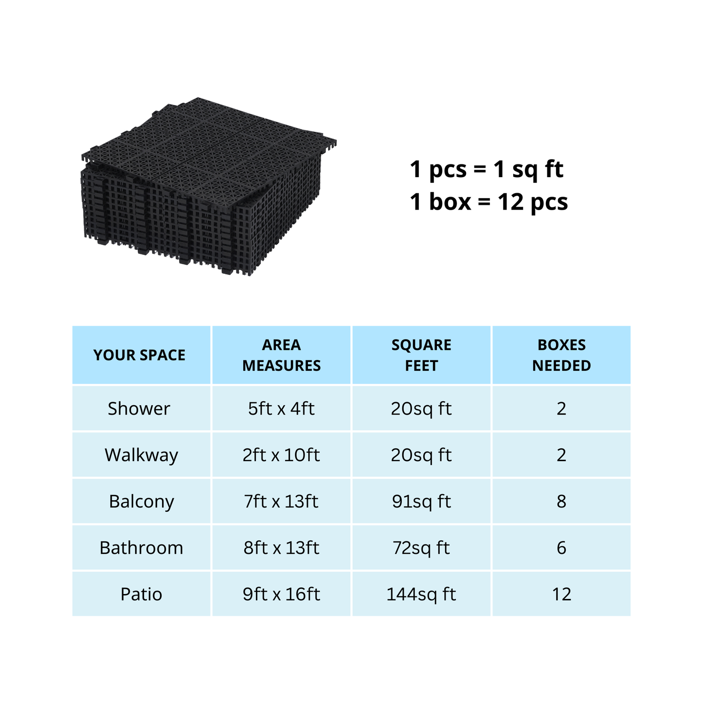 Stack of interlocking black plastic deck tiles for outdoor patios and walkways