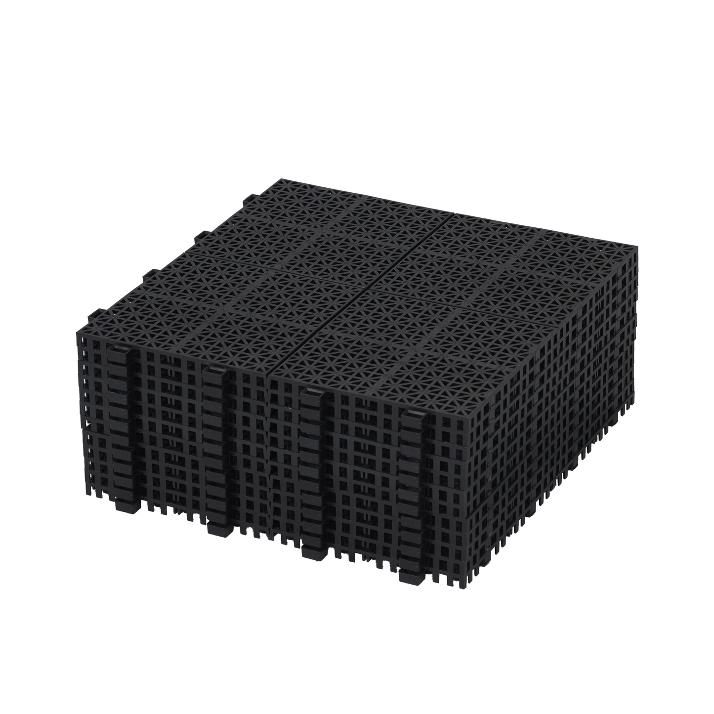 Stack of  black interlocking plastic floor tiles with a triangular grid pattern