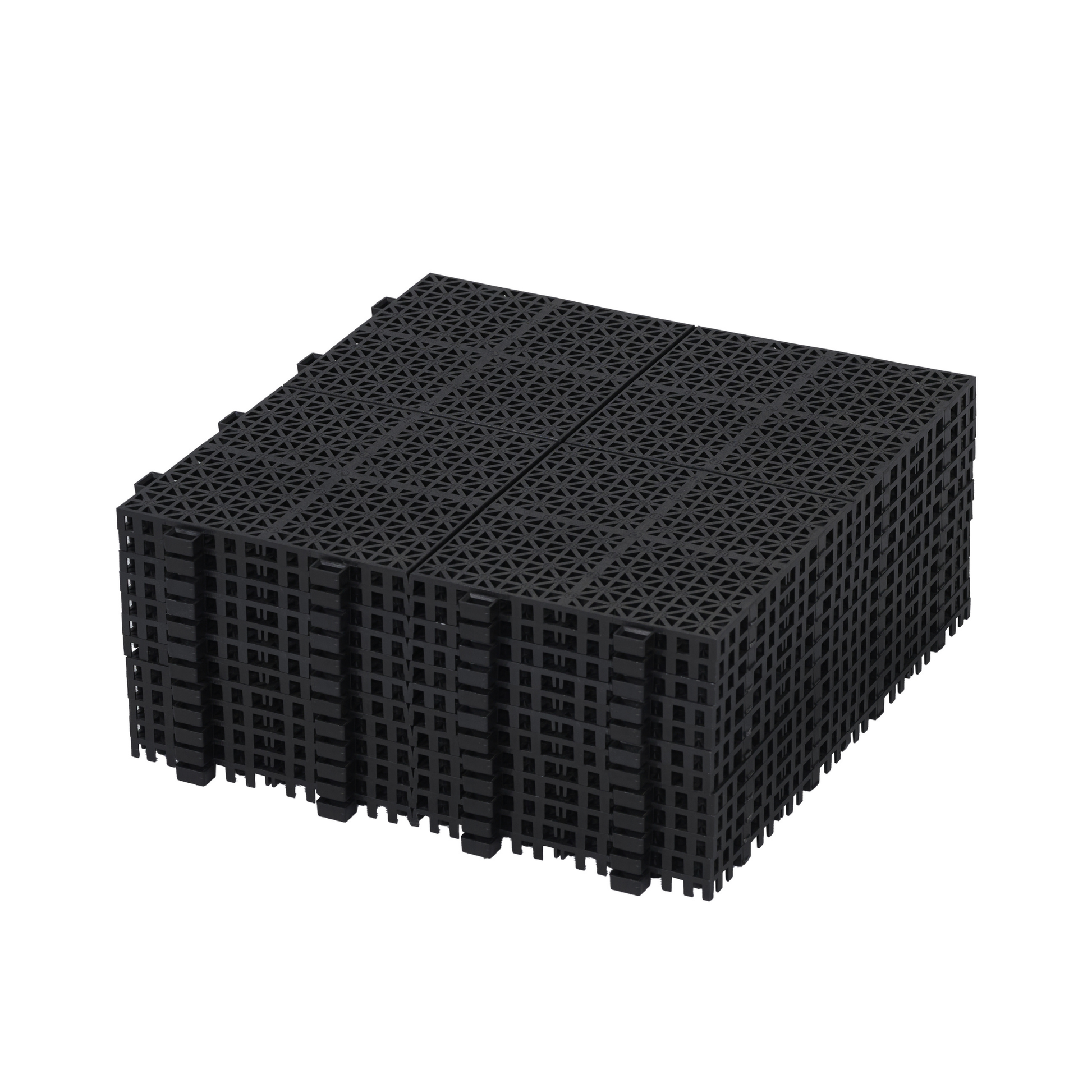 Stack of  black interlocking plastic floor tiles with a triangular grid pattern