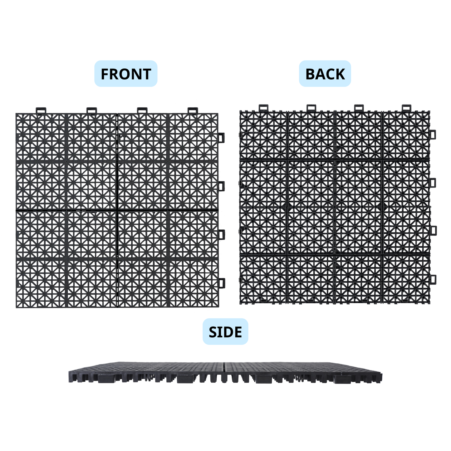 Black interlocking patio tiles with a geometric grid pattern shown front view