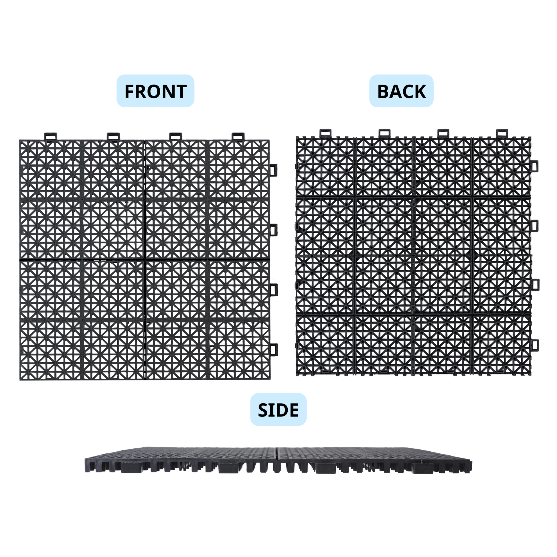 Black interlocking patio tiles with a geometric grid pattern shown front view