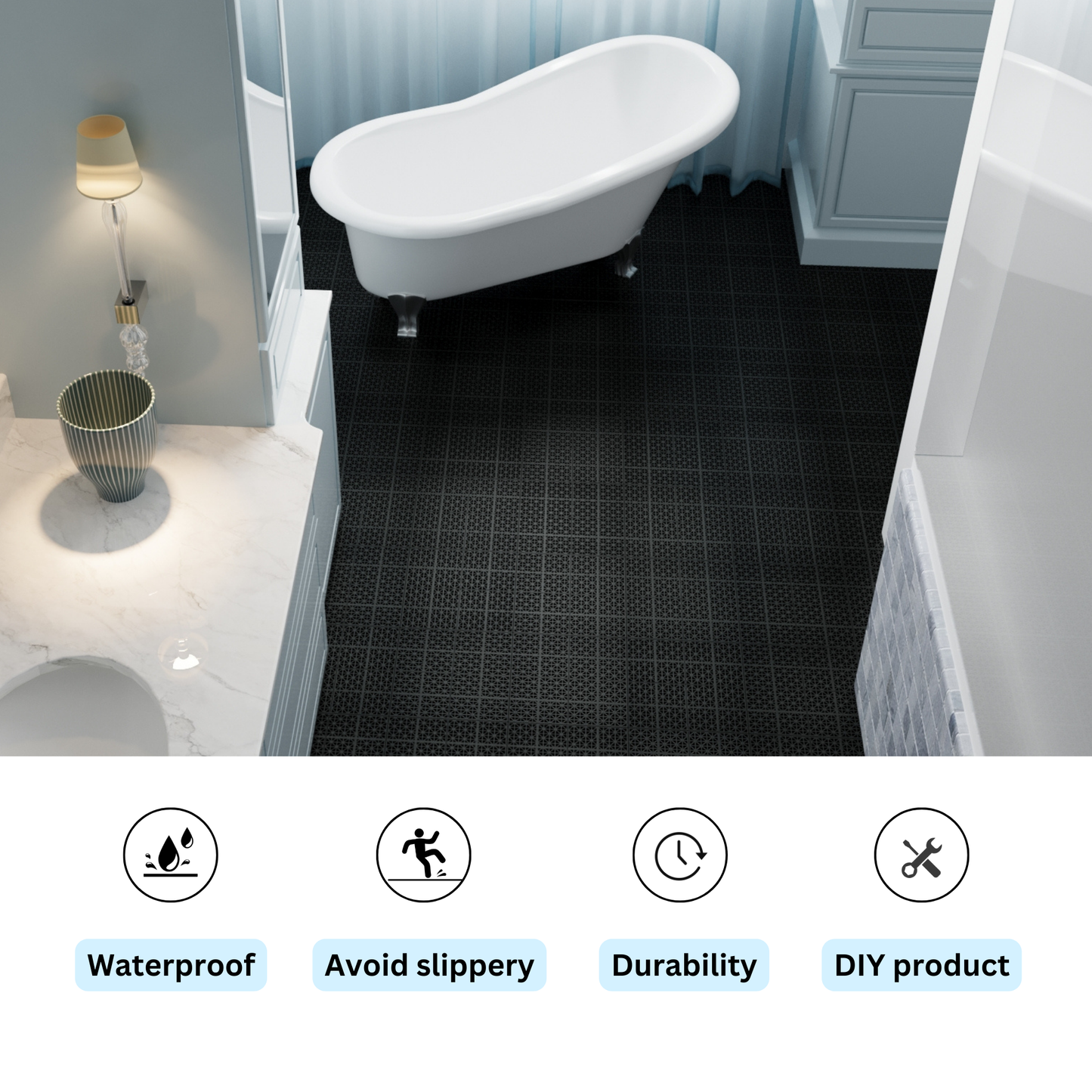 Black interlocking floor tiles with a textured grid pattern for bathrooms